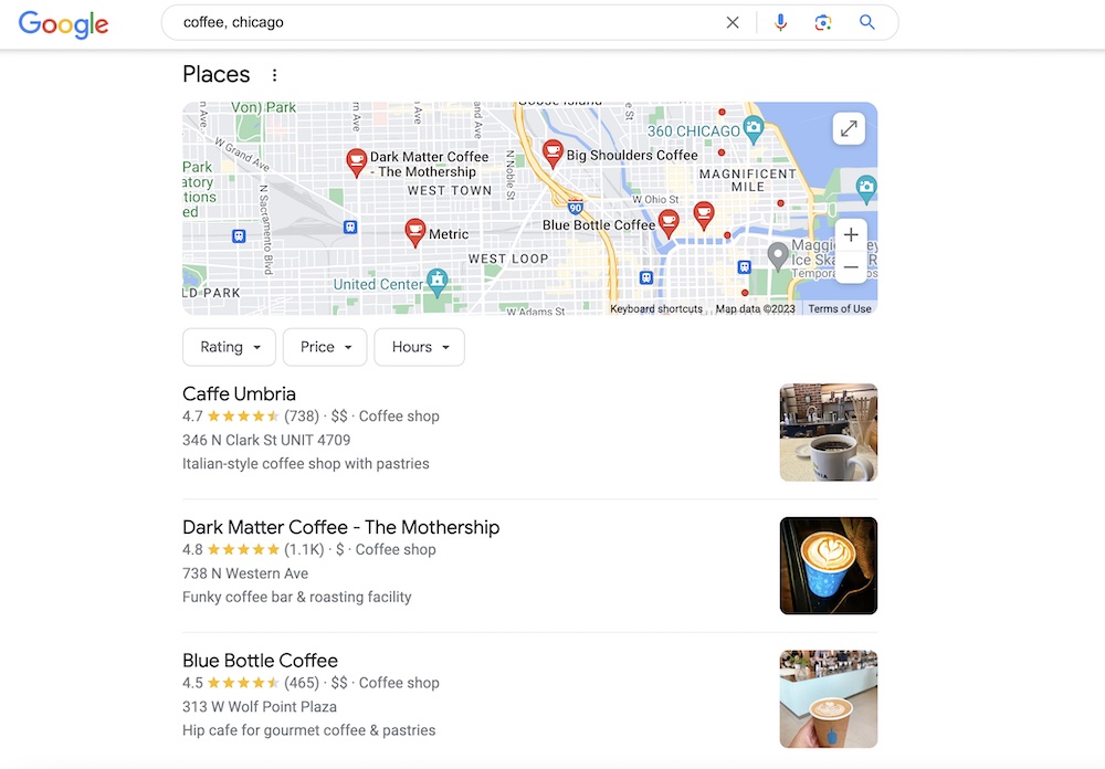 Google Business Profile listing for coffee shops in Chicago.
