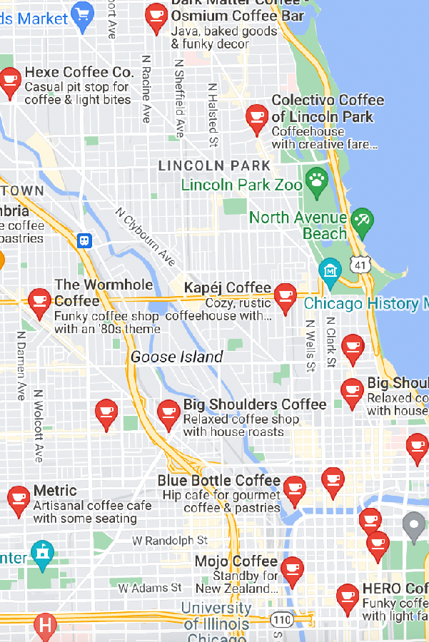 google business listing results for coffee shops in chicago