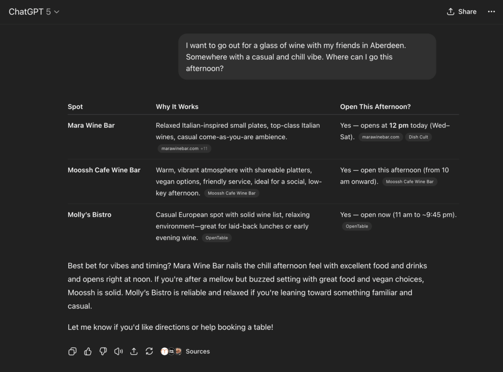 ChatGPT AI recommendations for wine bars in Aberdeen, showing Mara Wine Bar, Moossh Cafe Wine Bar, and Molly’s Bistro with opening times and descriptions.