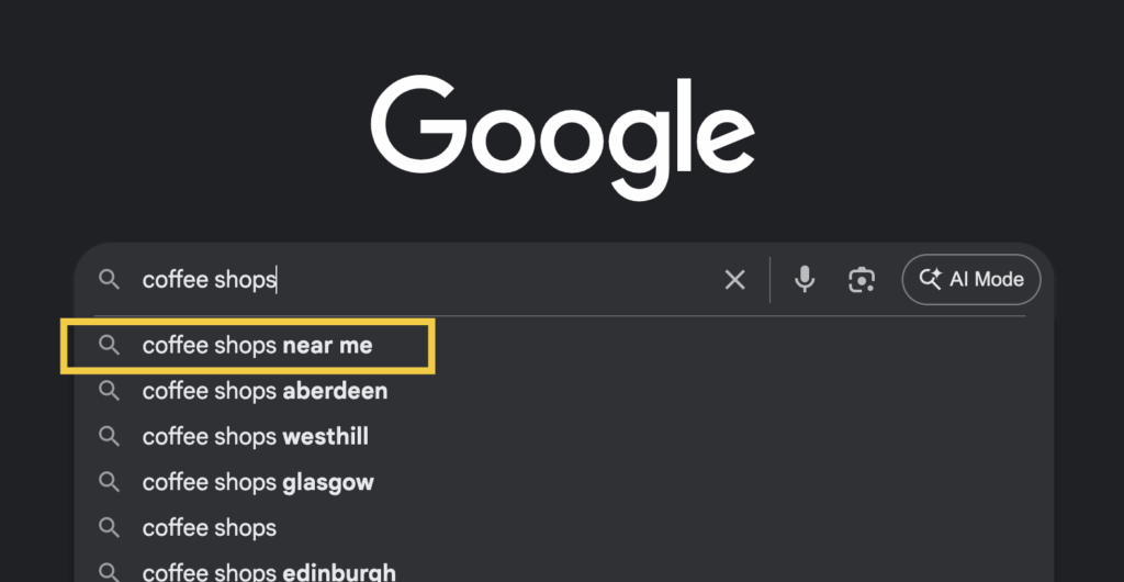 Google search bar showing autocomplete results for ‘coffee shops’, including ‘coffee shops near me’ and local city options.