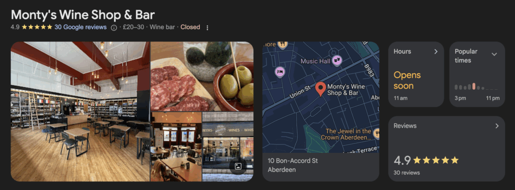 Google Business Profile for Monty’s Wine Shop & Bar in Aberdeen showing photos, reviews, location map, and opening hours.