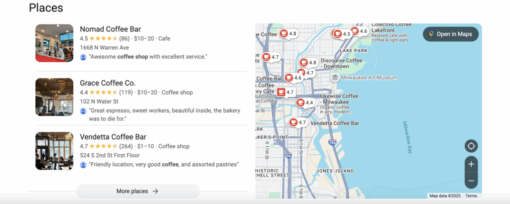 Local coffee shops listings in the Google Map Pack for downtown Milwaukee