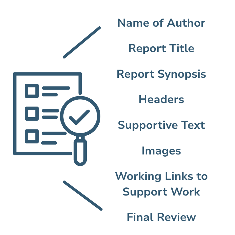 elements of a piece of content that include name, title, description, headers, text, images and working links